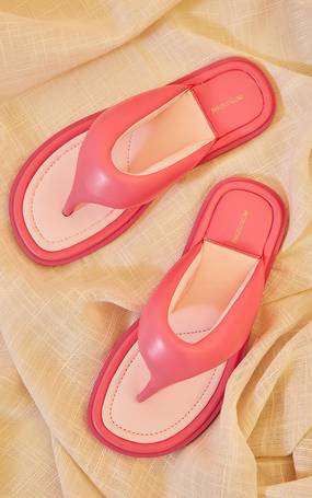 Pink Round Toe Chunky Platform Ribbed Padded Straps Flip Flops