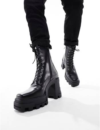 ASOS DESIGN lace up boot with chunky sole and studded strapping in black  faux leather