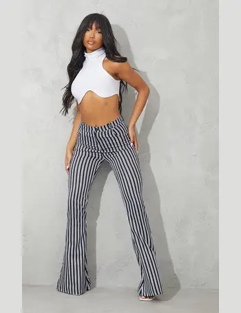 Black Stripe Textured Rib Flared Trousers