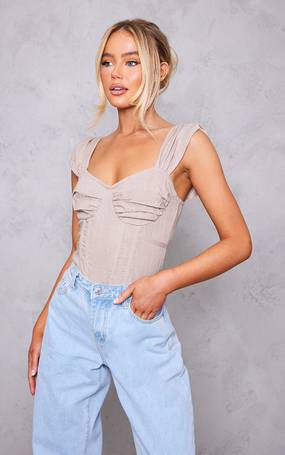 Tall Stone Linen Look Underbust Ruched Bodysuit