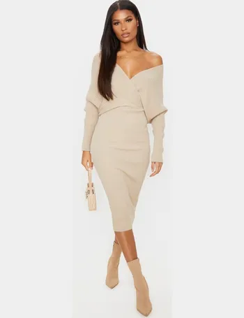 off the shoulder midi wrap dress