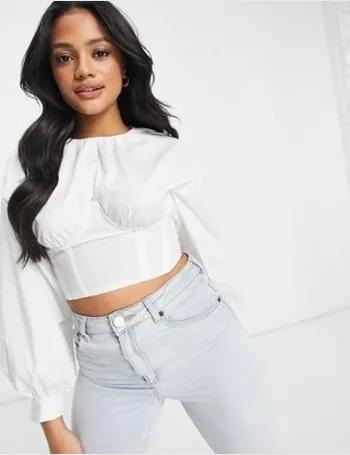 ASOS DESIGN Petite long sleeve crop top with mesh corset detail in white