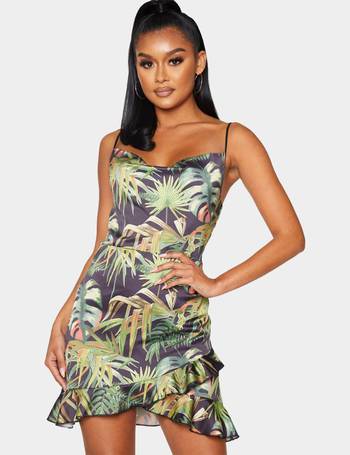 cream tropical print batwing frill dress