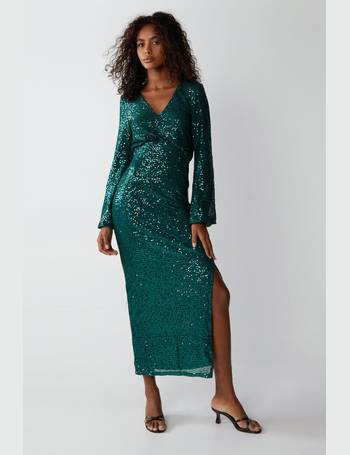 Warehouse Printed Sequin Ruched Side Midi Dress