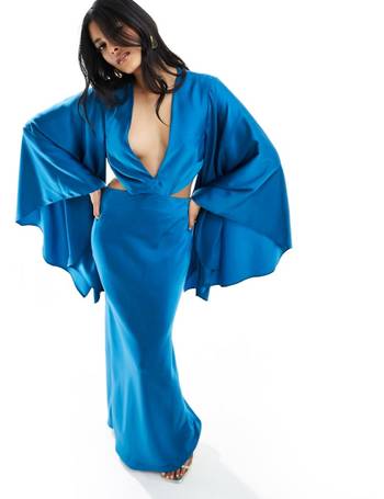ASOS DESIGN satin one shoulder flare sleeve maxi dress with back detail in  blue