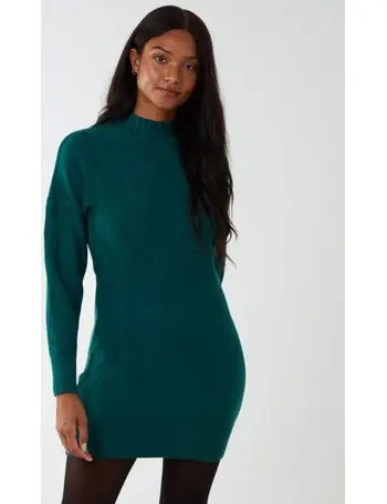 Blue Vanilla Dark Green Ribbed Glitter Knit Long Sleeve Midi Dress