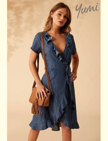 yumi frill wrap denim dress