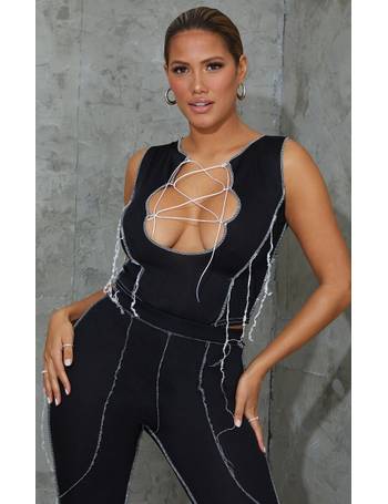 Shape Black Sheer Lace Up Low Back Bodysuit