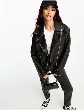 Bershka Oversized Faux Leather Bomber Jacket in Black