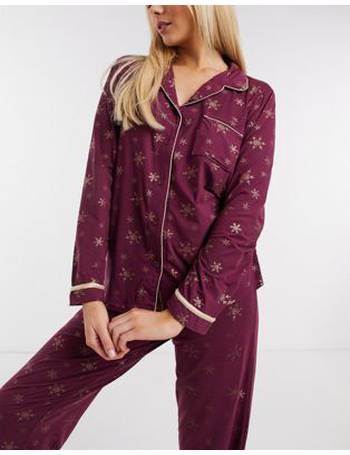 Loungeable super soft velour revere pyjama set in burgundy