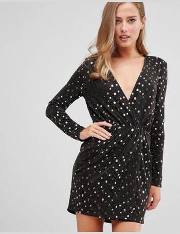 Flounce London wrap front mini dress with statement shoulder in gold sequin