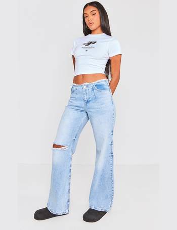 Washed Grey Fray Waist Low Rise Wide Leg Jeans