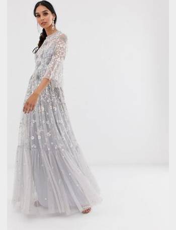 needle & thread tulle tiered floral midi dress with waistband in dusk blue