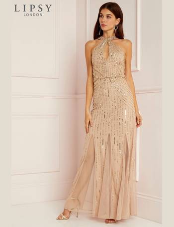 Lipsy twist neck sequin maxi dress in outlet gold