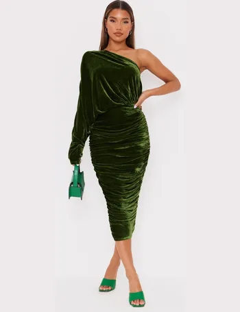 olive velvet off shoulder drape midi dress