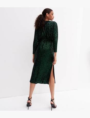 Blue Vanilla Dark Green Ribbed Glitter Knit Long Sleeve Midi Dress