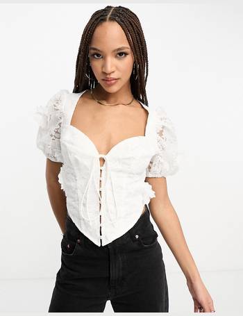 ASOS DESIGN premium 3D lace puff sleeve corset top in white