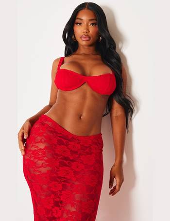 Prettylittlething Women's Lingerie Red Lace Frill Underwired Corset Lingerie Set - Size M