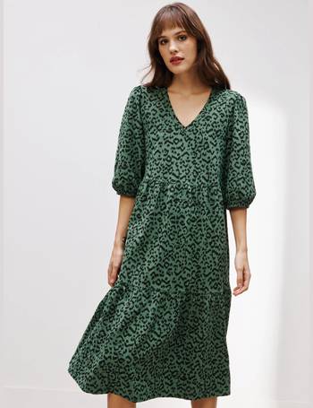 Brielle Navy & Green Leopard Print Long Sleeve Shirt Maxi Dress