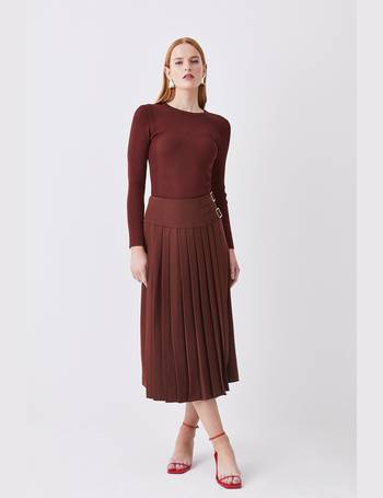 Tailored Buckle Detail Pleated Midi Skirt