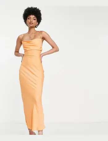 In The Style Exclusive satin cowl neck midi dress in orange