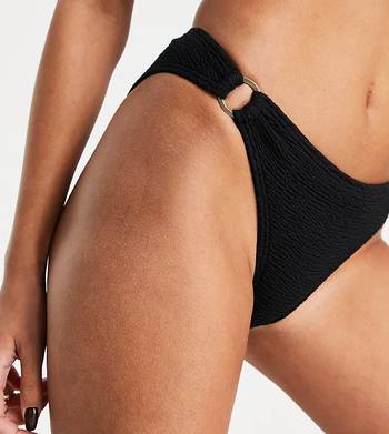 Wolf & Whistle Fuller Bust Exclusive high leg wet look bikini bottom with  ring detail in black