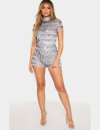 Black Sequin Cup Long Sleeve Skater Playsuit
