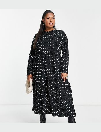 ASOS DESIGN Curve textured tiered long sleeve shirt dress in black