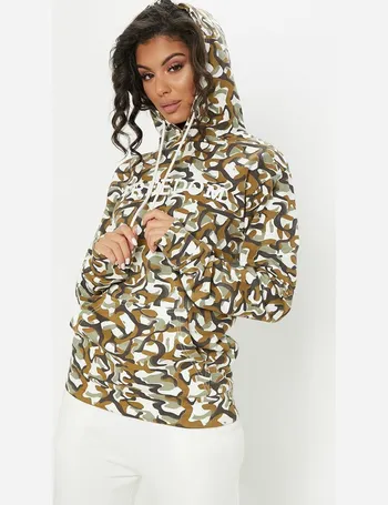 Khaki Camo Print Oversized Zip Up Hoodie