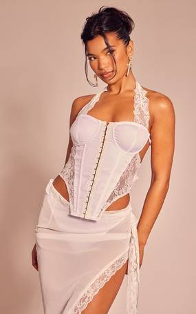 Lace Insert Hook Front Boned Detail Bandeau Corset Top In WHITE
