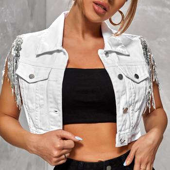 Rhinestone Fringe Trim Crop Denim Jacket