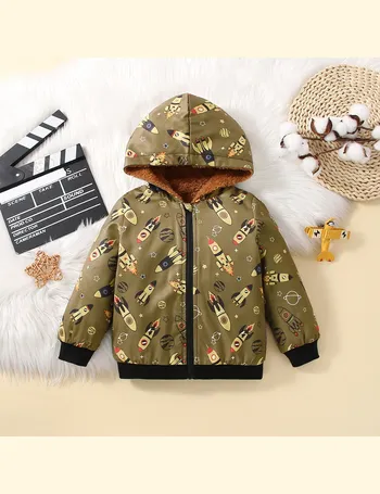 SHEIN Young Boy 1pc Letter Graphic Teddy Lined Hooded Jacket