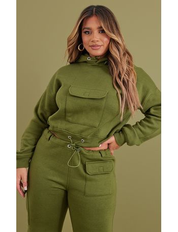 Sage Khaki Graphic Pocket Front Cropped Hoodie