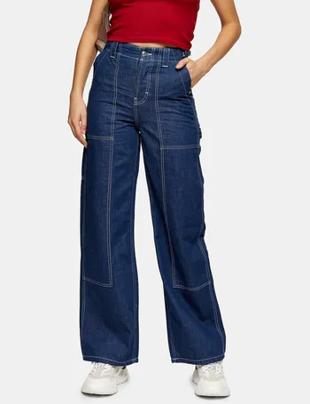 raw denim utility wide leg jeans