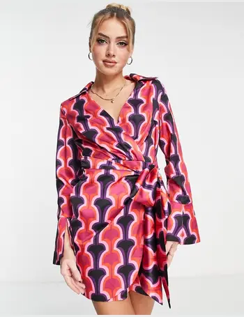 In The Style x Perrie Sian wrap front shirt dress with ruched skirt detail  in multi