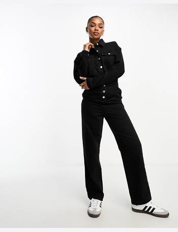 Miss Selfridge contrast stitch cargo faux leather jumpsuit in black