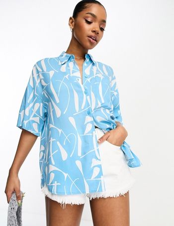 Monki button front shirt in pastel swirl print plisse