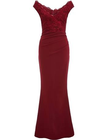 burgundy bardot lace fishtail maxi dress