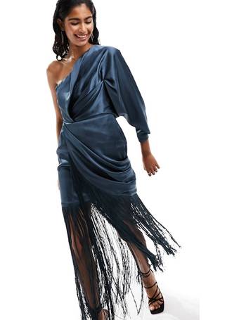 ASOS DESIGN satin halter maxi dress with fringe scarf detail in