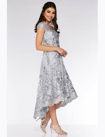 Grey embroidered bardot dip hem outlet dress