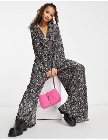 ASOS DESIGN satin backless jumpsuit with collar in ditsy print