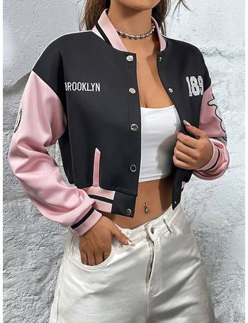  Mcice Women Crop Varsity Jacket Long Sleeve Letterman