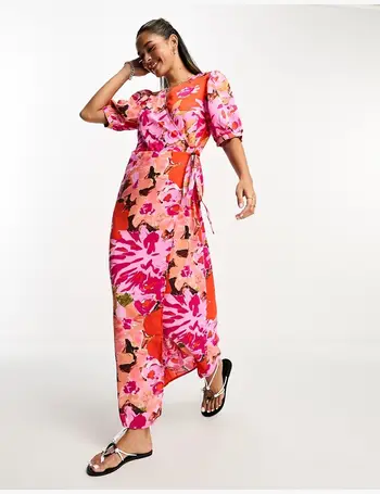 Vila flutter sleeve midi dress in green and pink floral