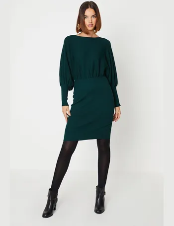 Oasis Funnel Neck Rib Knitted Midi Dress in Green