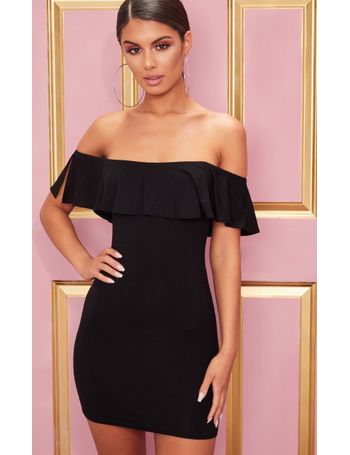 basic black bardot frill detail bodycon dress