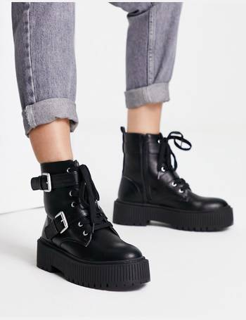 New Look flat high ankle lace-up boots in black