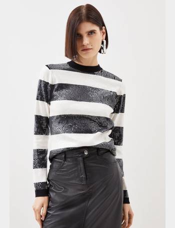 Boucle Knit Oversized Striped Sweater With Scarf | Karen Millen