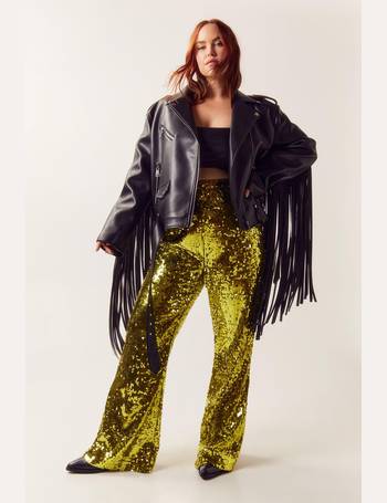 Buy Boohoo Sequined Damask High Waist Flared Trousers In Gold