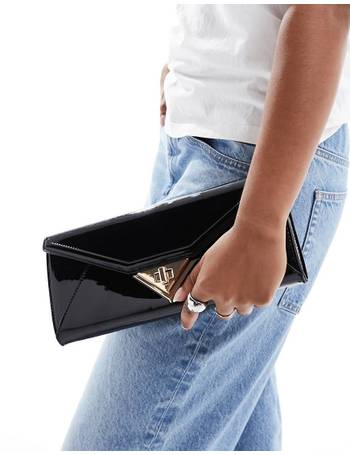 ASOS DESIGN faux feather clutch bag with gold handle in black