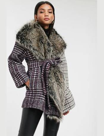 grey check faux fur trim coat